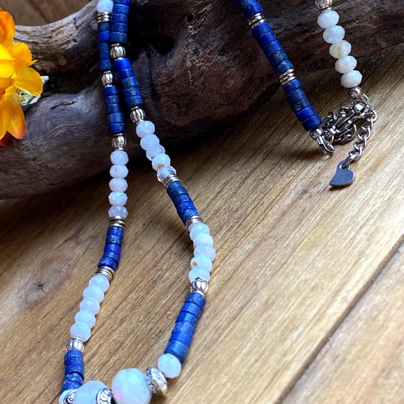 Genuine Moonstone + Lapis Lazuli Gemstone Necklace - Picture 1 of 10
